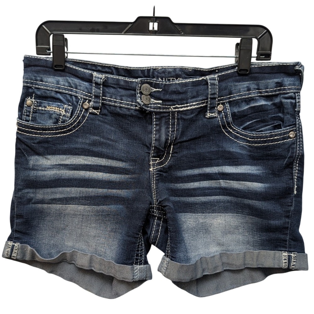 Y2K Vanity Premium Denim Shorts Womens 29W Dark Wash Embroidered Cross